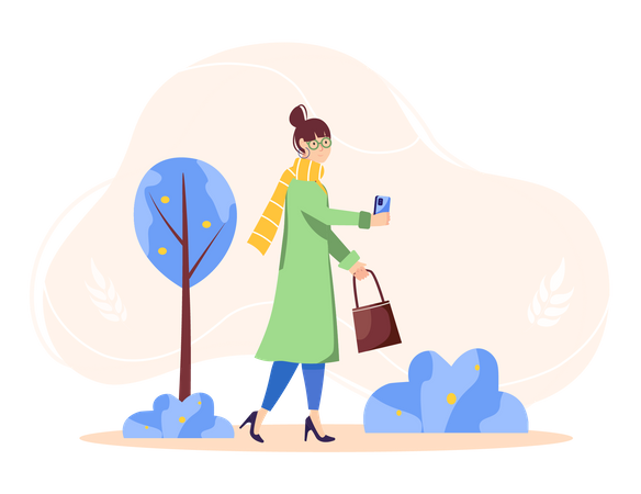 Une femme marche en utilisant un téléphone en hiver  Illustration