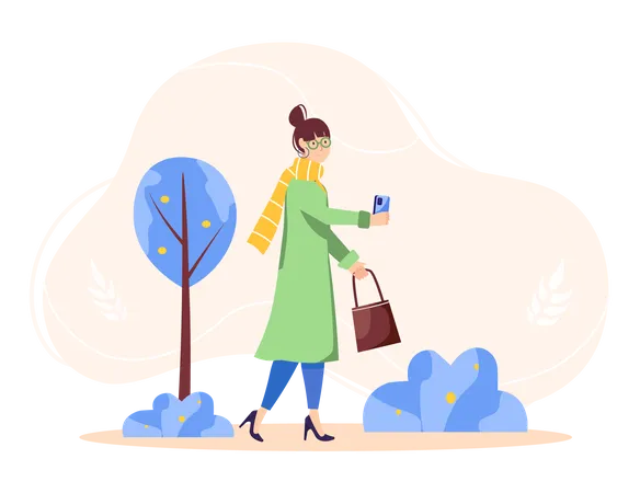 Une femme marche en utilisant un téléphone en hiver  Illustration