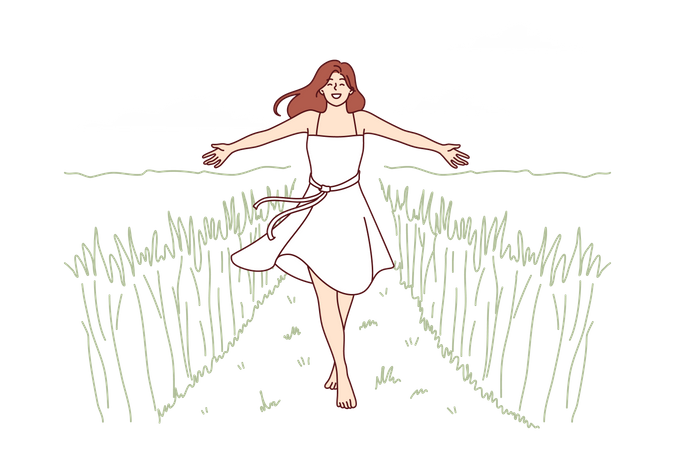 Une femme marche le long d'un chemin parmi les herbes hautes, profitant de la belle nature dans la zone agricole  Illustration