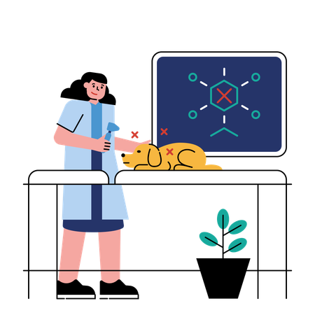 Médecin analysant les virus sur le corps d'un chien  Illustration