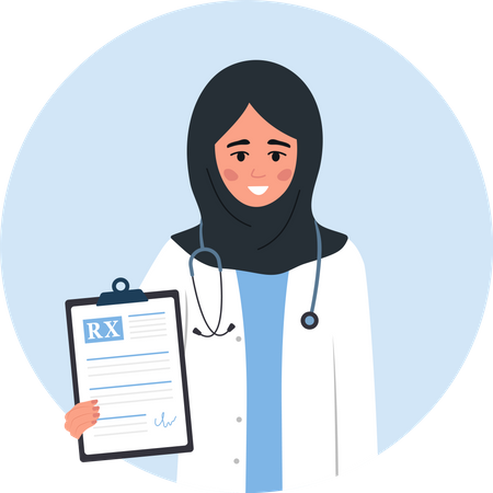 Femme médecin arabe tenant une prescription médicale  Illustration