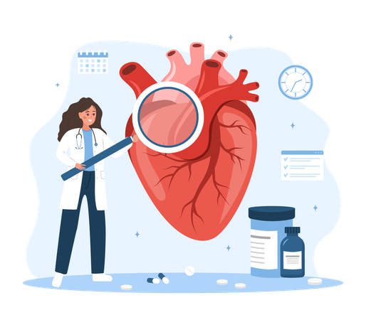 Une femme médecin avec une grande loupe examine le cœur  Illustration