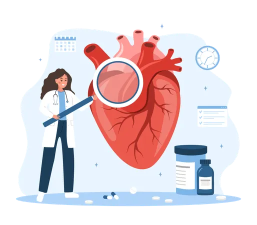 Une femme médecin avec une grande loupe examine le cœur  Illustration