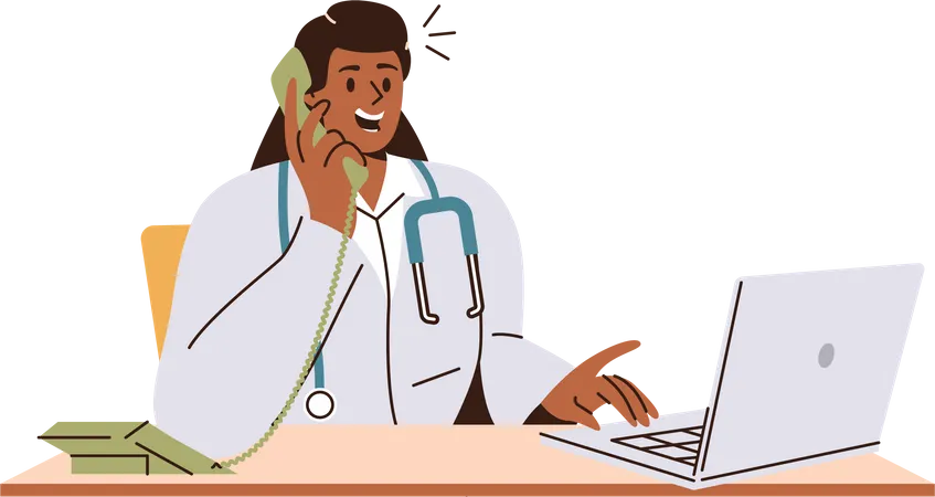 Femme médecin ayant un appel avec un patient et travaillant sur un ordinateur portable assis à une table de bureau  Illustration