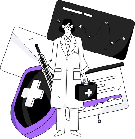 Femme médecin debout avec thermomètre et boîte médicale  Illustration