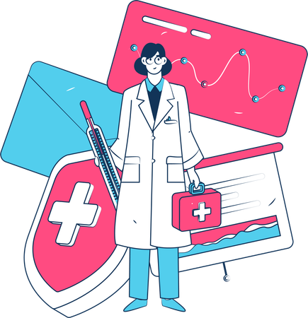 Femme médecin debout avec thermomètre et boîte médicale  Illustration