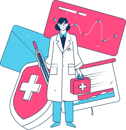 Femme médecin debout avec thermomètre et boîte médicale  Illustration