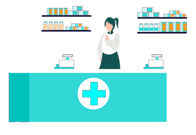 Femme médecin debout près de la caisse en pharmacie  Illustration