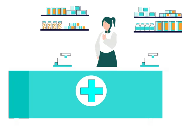 Femme médecin debout près de la caisse en pharmacie  Illustration