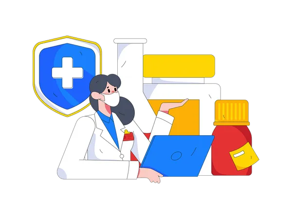 Femme médecin donnant des médicaments en ligne  Illustration