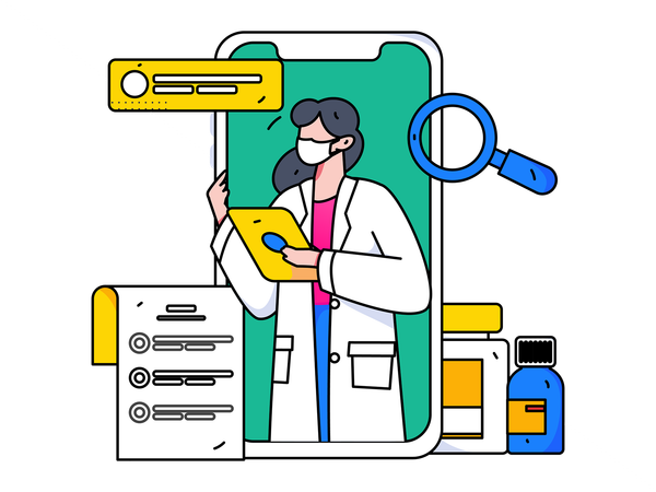 Femme médecin donnant des médicaments en ligne  Illustration