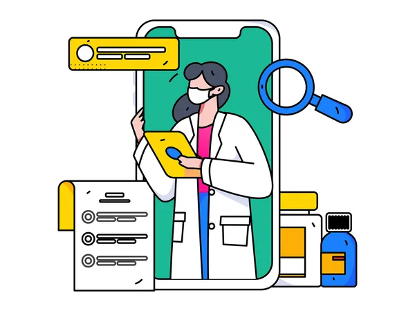 Femme médecin donnant des médicaments en ligne  Illustration