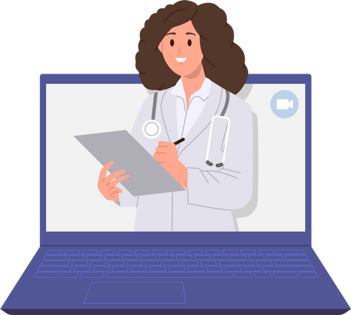 Femme médecin écrivant sur la carte du patient une nouvelle prescription concernant le traitement sur un ordinateur portable  Illustration