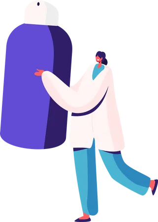 Femme médecin en robe médicale tenant une bouteille de médicament  Illustration