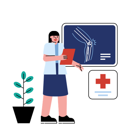 Médecin femme expliquant les blessures à la jambe et le kit de fracture  Illustration