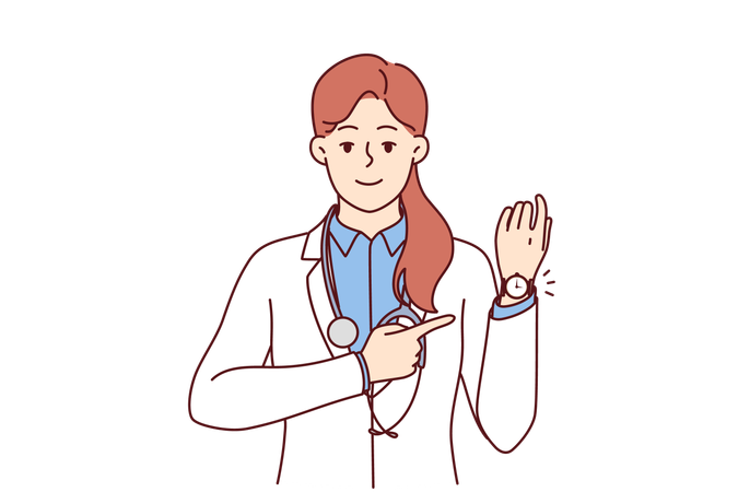 Femme médecin montre une montre-bracelet  Illustration