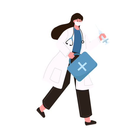 Médecin femme portant une boîte à injections et à médicaments  Illustration