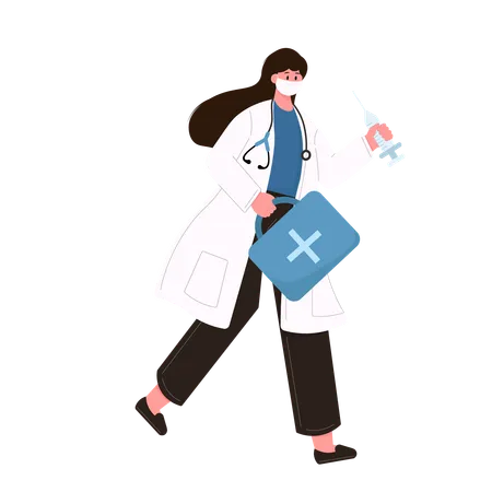 Médecin femme portant une boîte à injections et à médicaments  Illustration