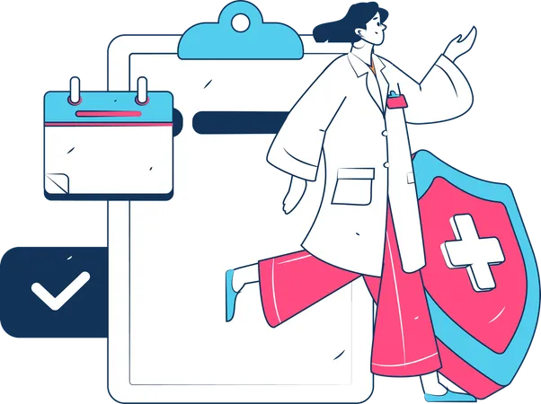 Femme médecin courant avec une assurance médicale  Illustration