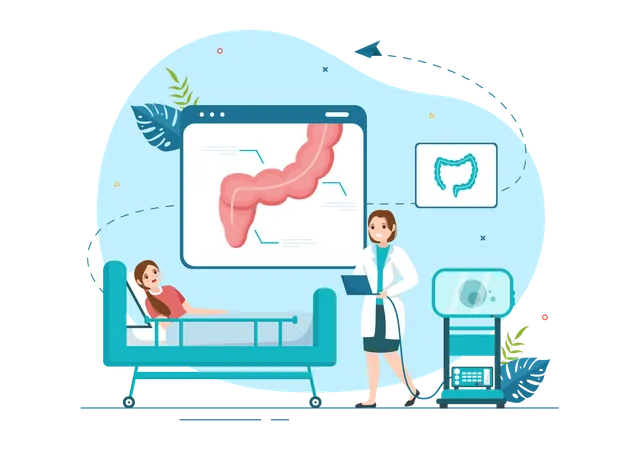 Femme médecin effectuant une coloscopie  Illustration