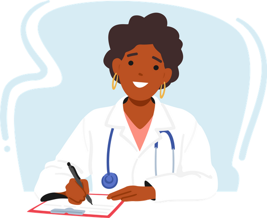 Femme médecin souriante assise au bureau  Illustration