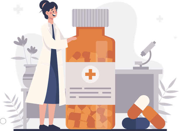 Femme médecin tenant un flacon de médicament  Illustration
