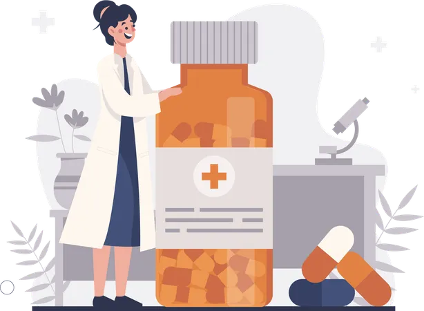 Femme médecin tenant un flacon de médicament  Illustration