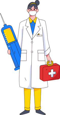 Femme médecin tenant une injection et un kit médical  Illustration