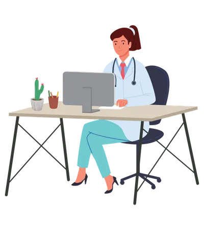 Femme médecin travaillant sur ordinateur  Illustration