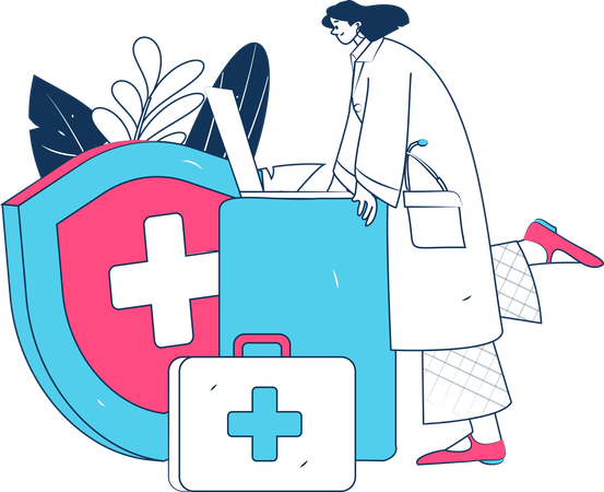 Femme médecin travaillant sur un ordinateur portable pour une assurance médicale  Illustration