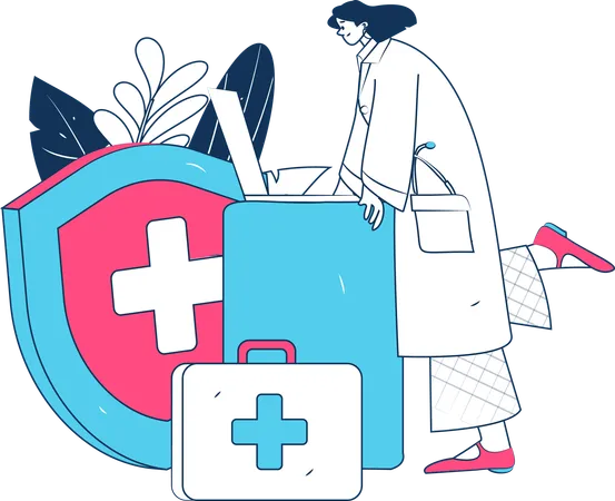 Femme médecin travaillant sur un ordinateur portable pour une assurance médicale  Illustration