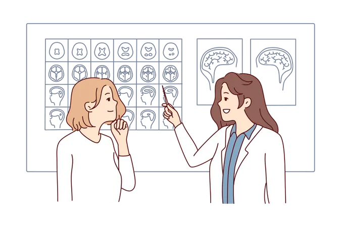 Femme médecin vérifiant le rapport sur le cerveau  Illustration