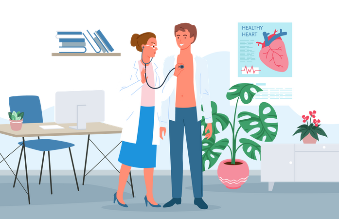 Femme médecin vérifiant le rythme cardiaque à l'aide d'un stéthoscope  Illustration