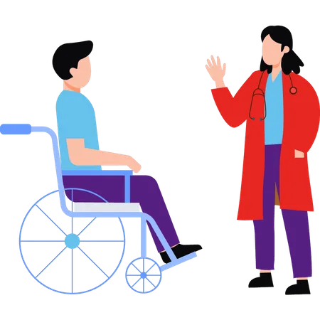 Une femme médecin vérifie un patient handicapé sur un fauteuil roulant  Illustration