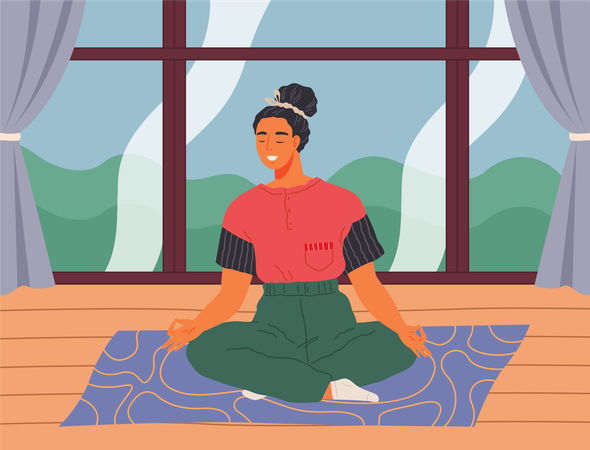 Femme méditant à la maison assise en posture de yoga sur le sol  Illustration