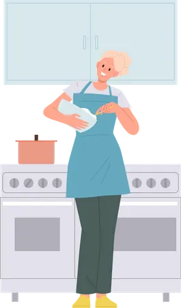 Jeune femme tenant un bol de cuisine à la maison cuisine appartement  Illustration