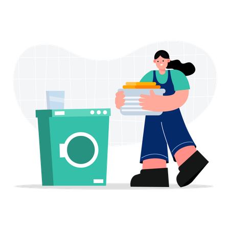Femme de ménage travaillant avec une machine à laver  Illustration