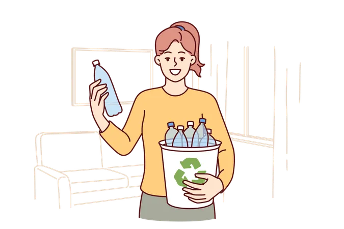 Une femme met des bouteilles en plastique dans une poubelle de recyclage  Illustration