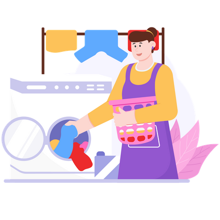 Une femme met des vêtements dans la lessive  Illustration