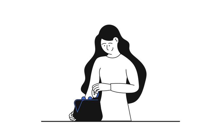 Femme mettant une pièce de monnaie dans un portefeuille  Illustration