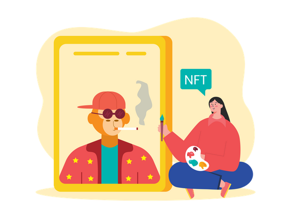 Femme créant du NFT sur le marché mobile NFT  Illustration