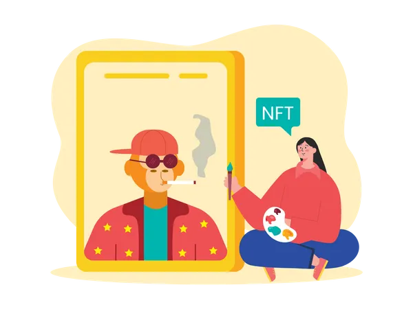 Femme créant du NFT sur le marché mobile NFT  Illustration