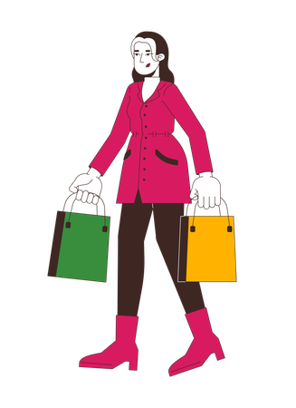 Une femme moderne qui fait du shopping et qui porte des sacs avec plaisir  Illustration