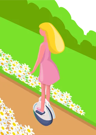 Une femme monte en segway dans un parc  Illustration