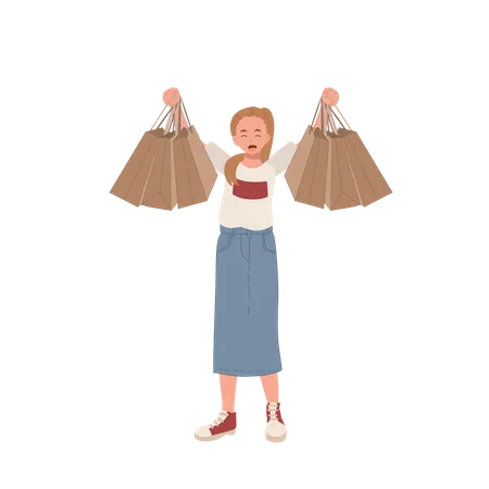 Femme montrant des sacs à provisions  Illustration