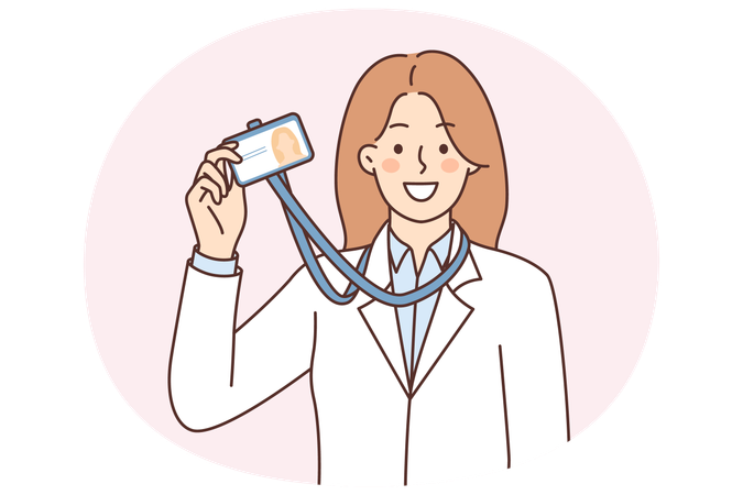 Une femme démontre une carte d'identité accrochée autour du cou pour identification et entrée dans un laboratoire scientifique  Illustration