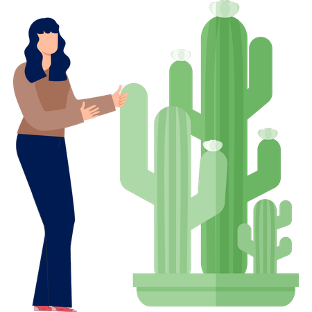 Femme pointant du doigt une plante de cactus  Illustration