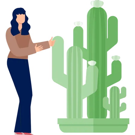 Femme pointant du doigt une plante de cactus  Illustration