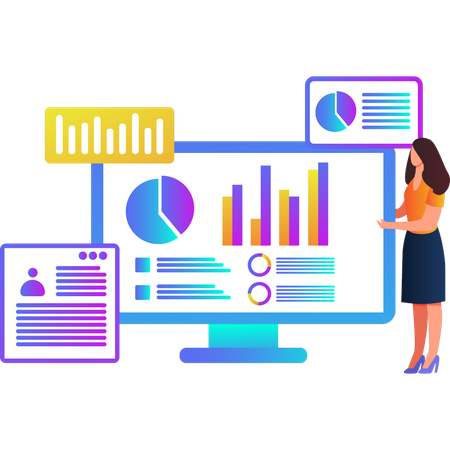 Femme montrant un diagramme circulaire d'affaires sur un moniteur  Illustration