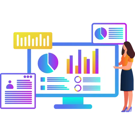 Femme montrant un diagramme circulaire d'affaires sur un moniteur  Illustration